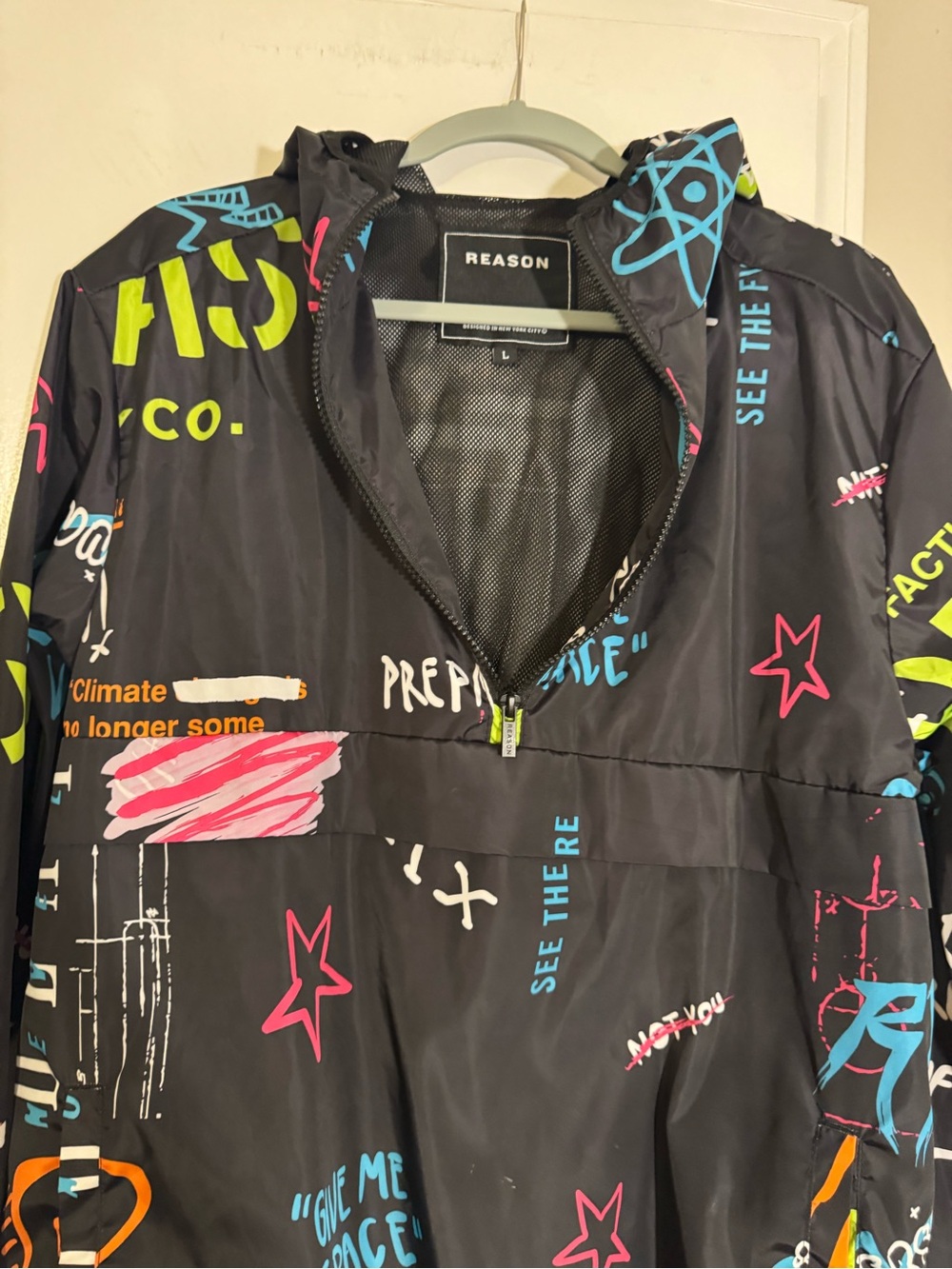Reason Black Graphic Pullover Raincoat Neon Accents graffiti streetwear graphic